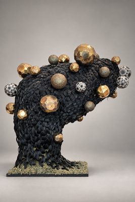 紺の羽と金の多面体でできた抽象彫刻