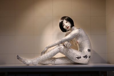 黒髪のボブで、膝を抱えて座る人体彫刻（全身）